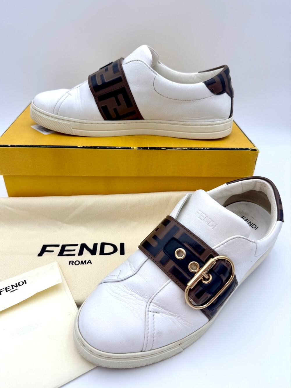 Fendi FF Zucca Logo Leather Sneakers White Leather Brown Size 7.5